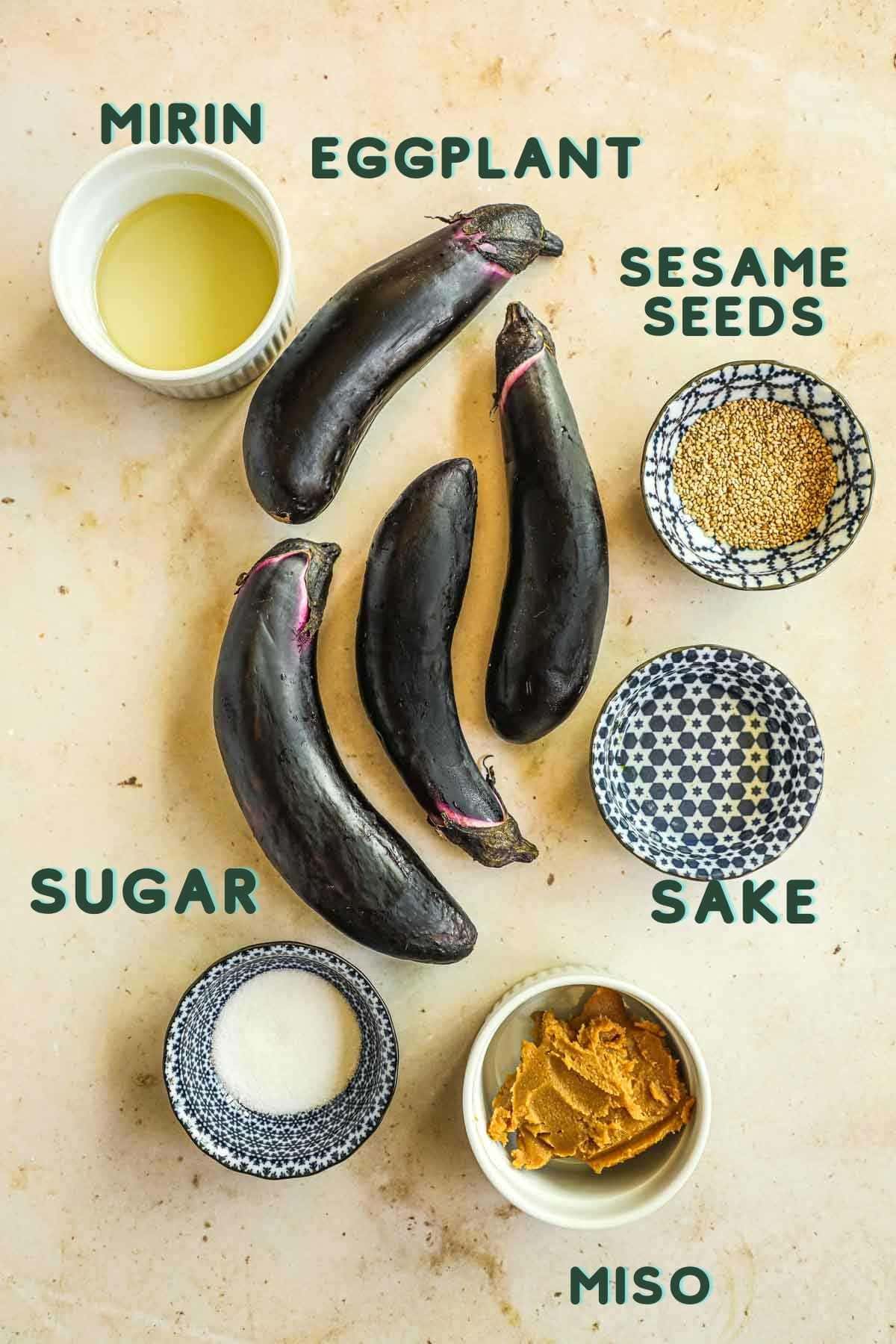 Ingredients to make miso glazed Japanese eggplant (nasu dengaku), including eggplant, white miso paste, mirin, sake, sugar, and sesame seeds.
