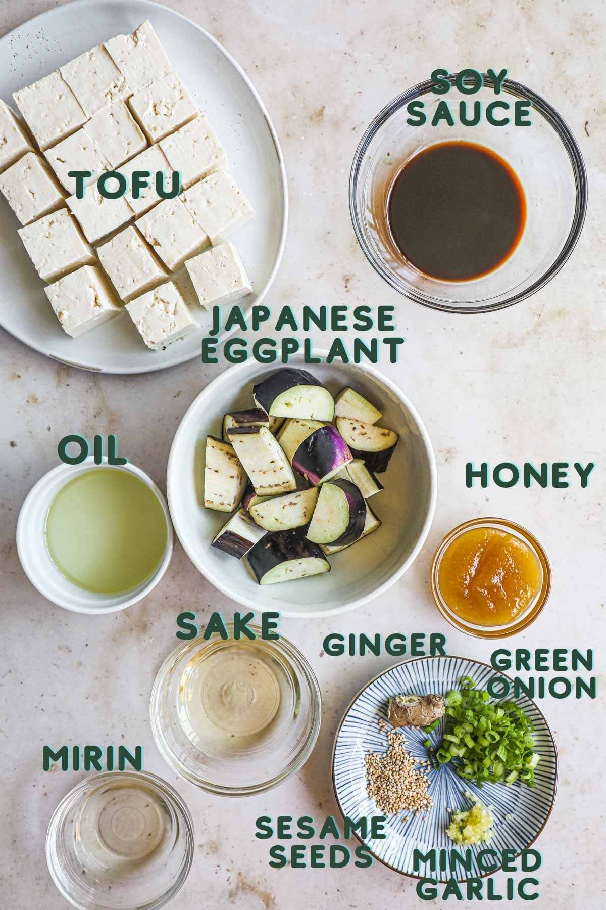 Ingredients to make gluten-free honey teriyaki eggplant and fried tofu.