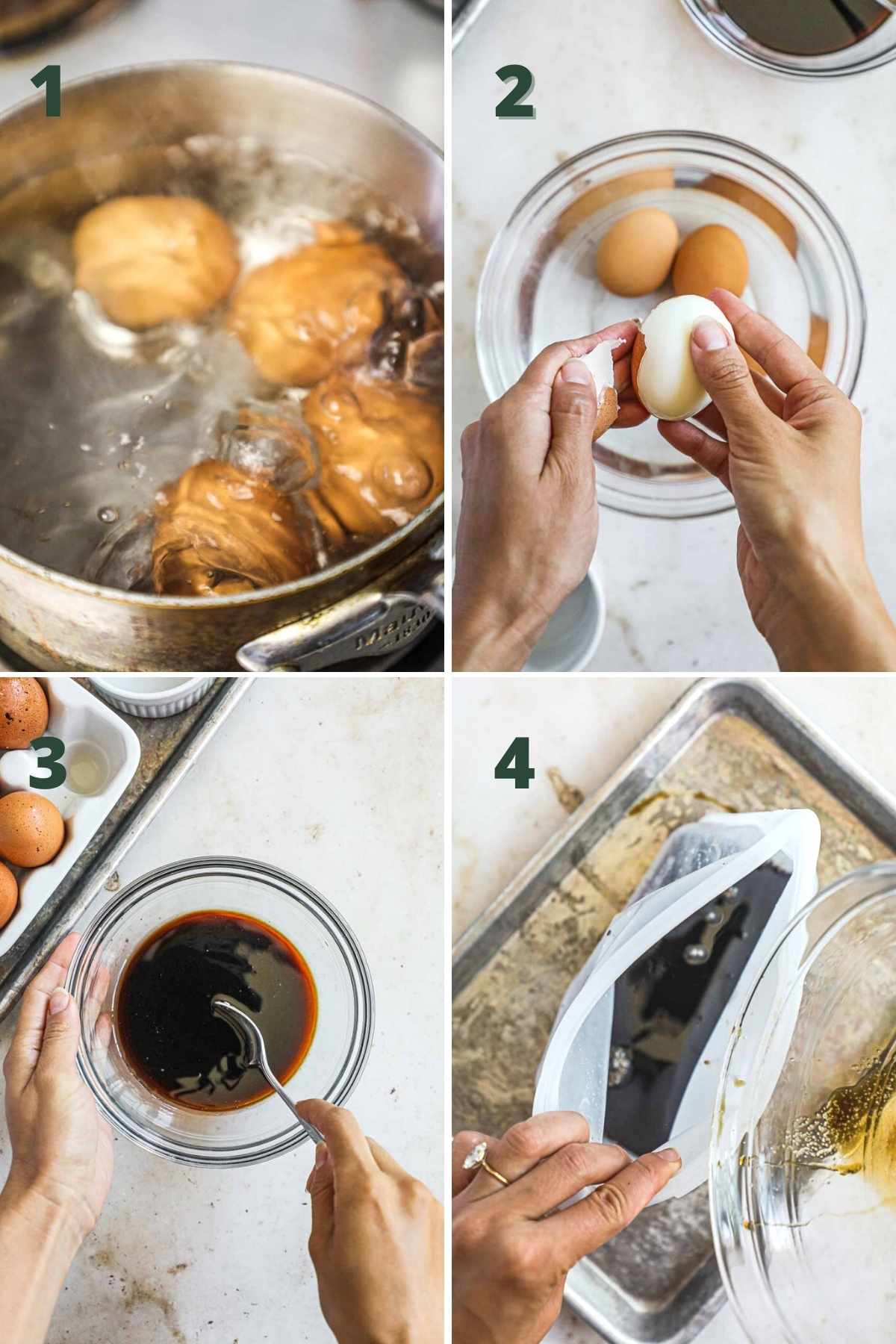 Steps to make ajitama ramen eggs, including boiling the eggs for 8 minutes, chilling the eggs, removing the shell, making the sauce, and pouring the sauce into a bag for the eggs.