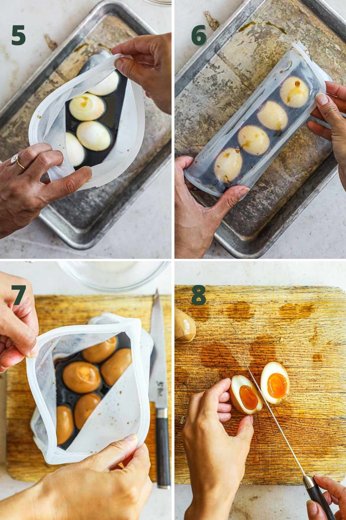 Steps to make ajitama ramen eggs, including marinating the eggs, chilling the eggs overnight, and slicing the marinated eggs.