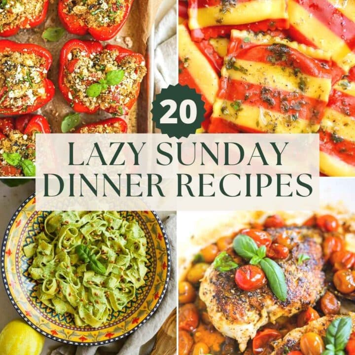 20 lazy Sunday recipes, including lobster ravioli with a browned butter lemon sauce, creamy pesto pasta, mozzarella-stuffed chicken with tomatoes, and turkey quinoa-stuffed peppers.