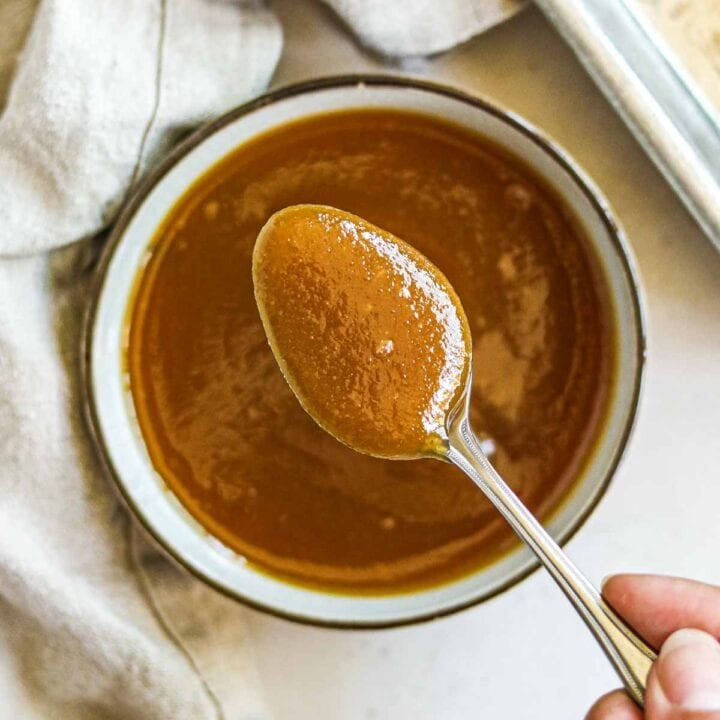 Creamy miso sauce (glaze and marinade) in a bowl with a spoon, for vegetables, fish, chicken, and more.