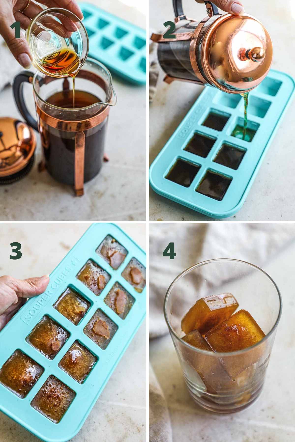 Steps to make coffee ice cubes, including adding the sweetener to brewed coffee, pouring the coffee into ie cubes trays, freezing the coffee ice cubes, and putting the ice cubes in a glass.