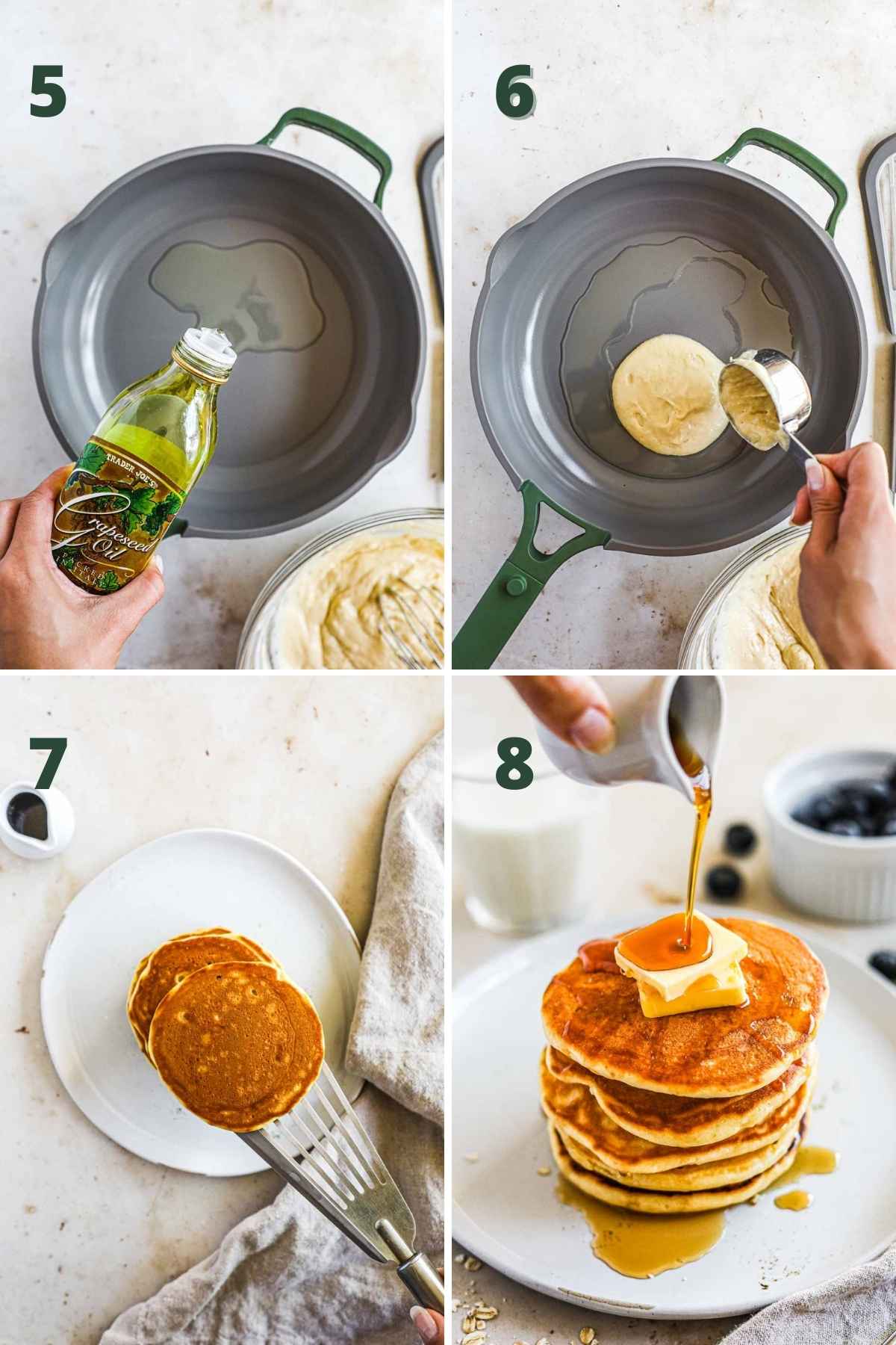 Steps to make fluffy oat milk pancakes, including greasing the pan, adding the batter to the pan, flipping the pancakes, and stacking with butter and maple syrup.