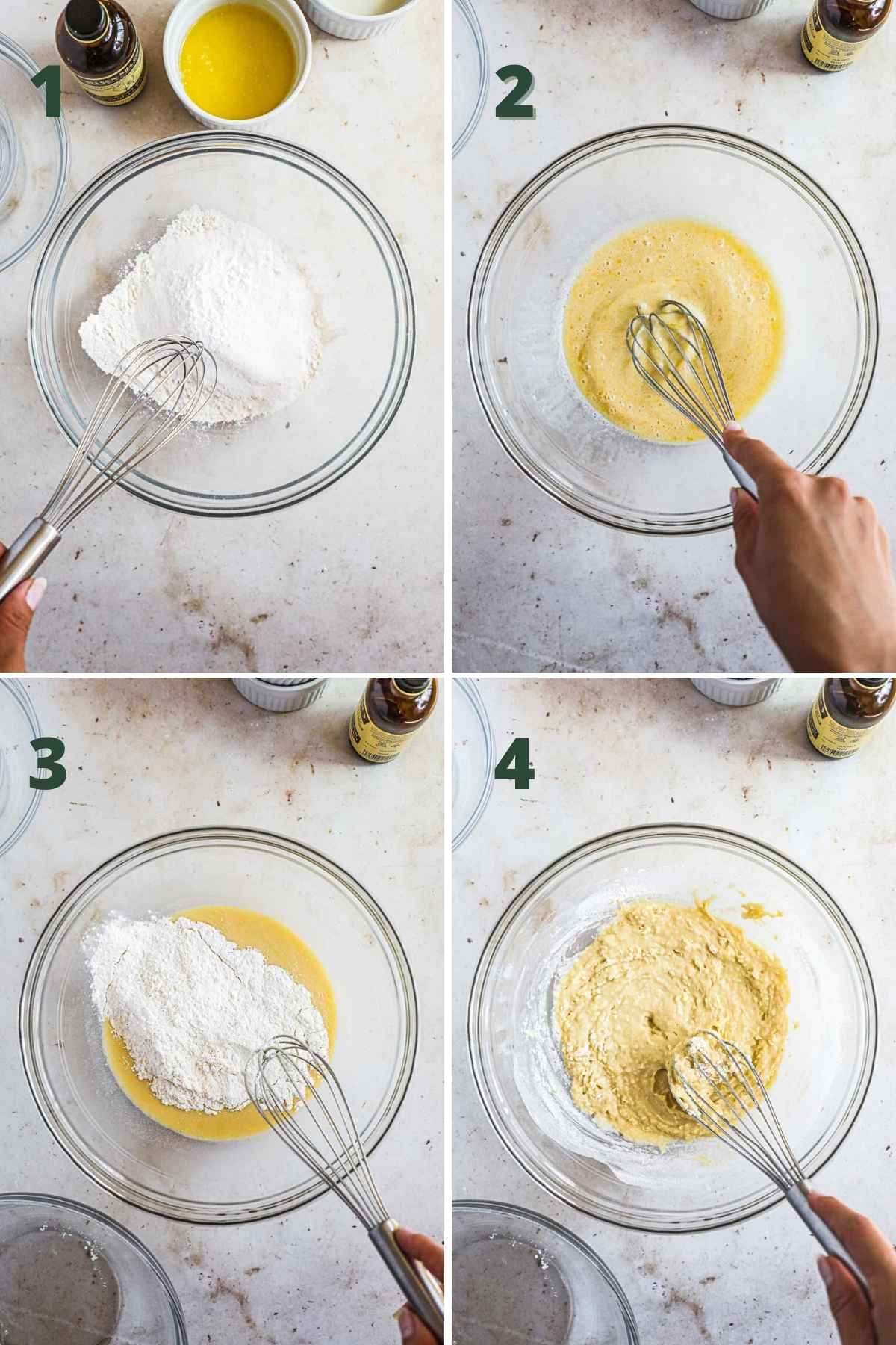 Steps to make fluffy oat milk pancakes, including mixing dry ingredients and wet ingredients, then combining the dry and wet ingredients.