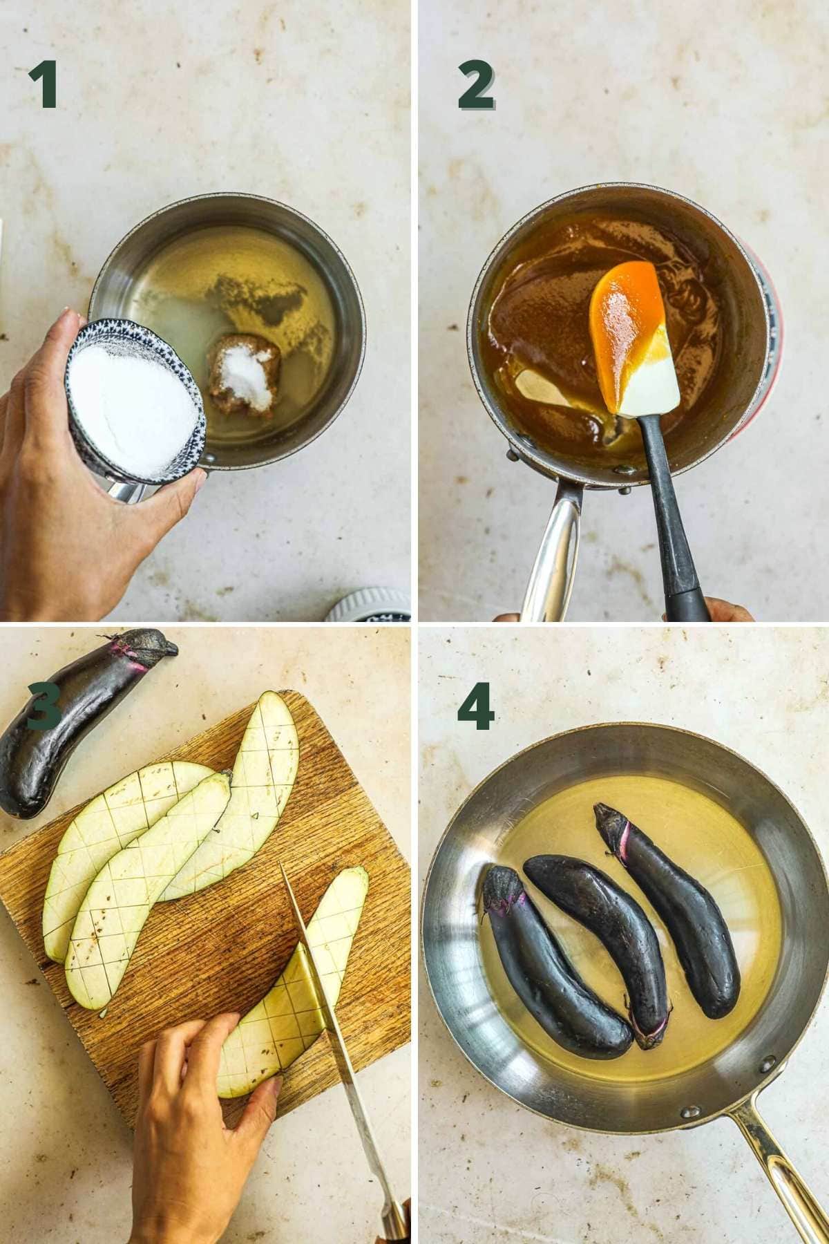 Instructions to make miso glazed Japanese eggplant, including making the miso sauce, slicing the eggplant in a crosshatch pattern, and frying the eggplant in a skillet.