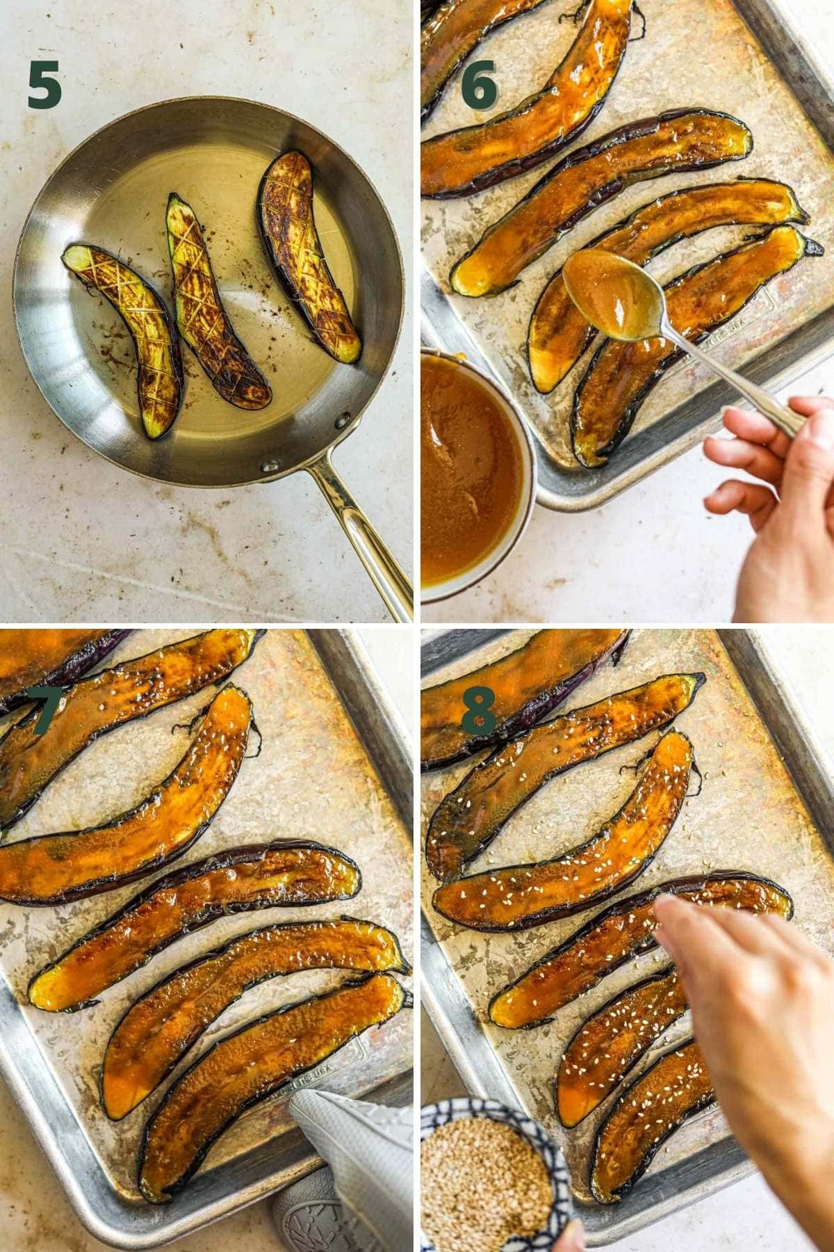 Instructions to make miso glazed Japanese eggplant, including frying the eggplant in a skillet, spreading the glaze on the eggplant, baking it, and sprinkling sesame seeds and green onions on top.