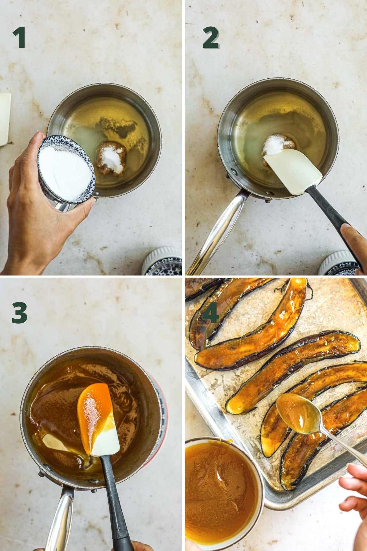 Step to make miso glaze (marinade and glaze), including cooking the ingredients in a saucepan until creamy.