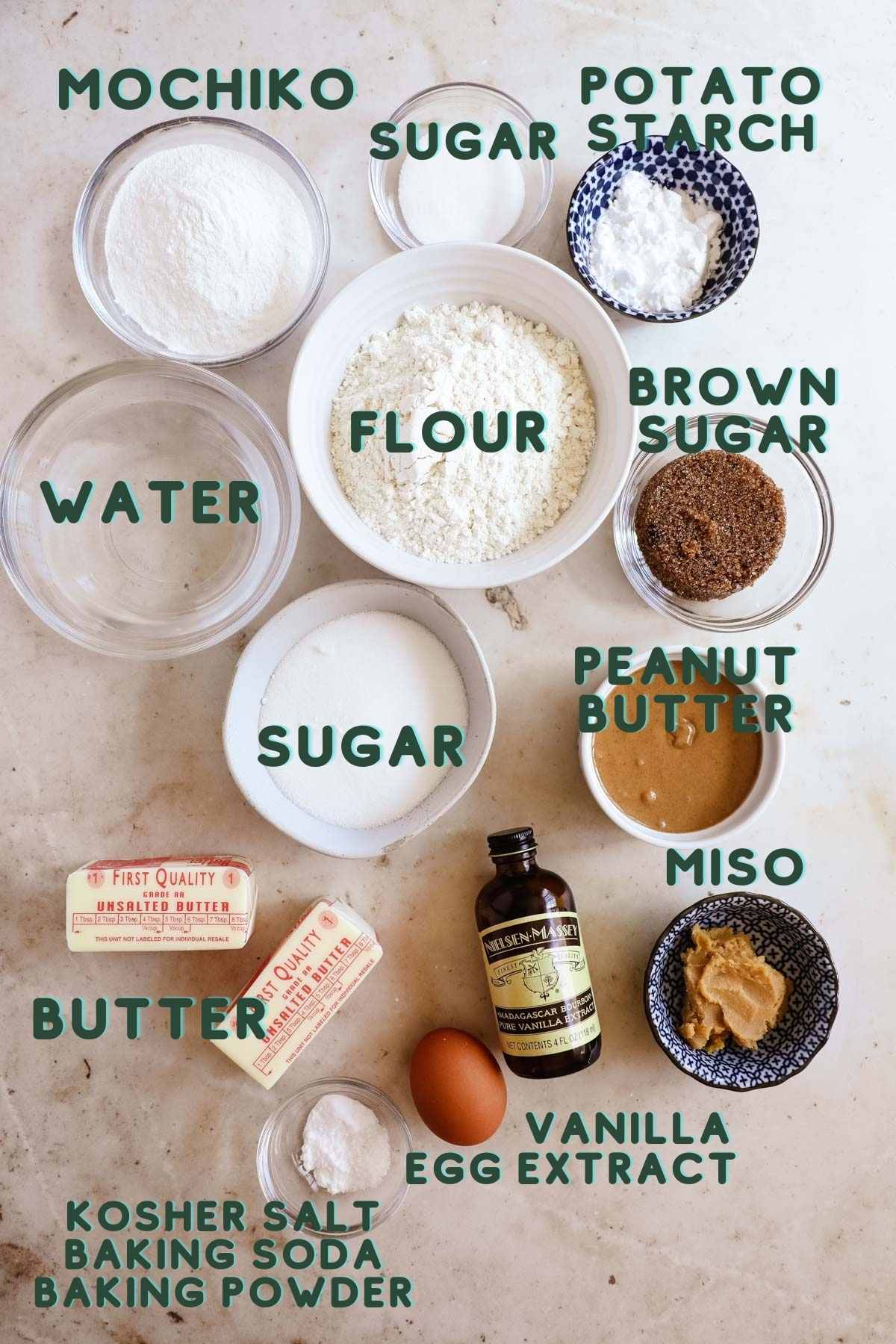 Ingredients to make peanut butter mochi miso cookies.