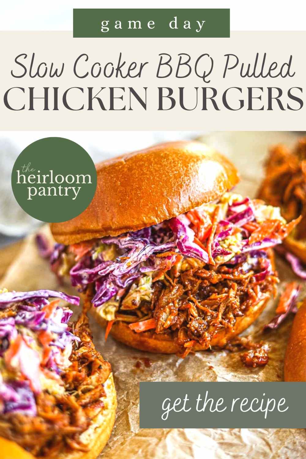 Slow cooker BBQ pulled chicken burger Pinterest pin.