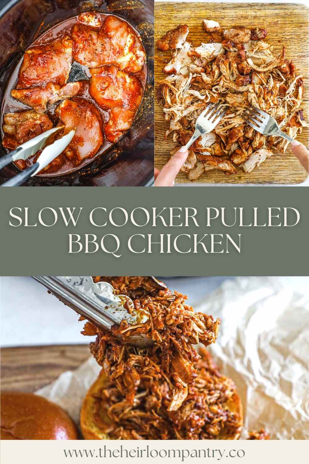 Slow cooker pulled BBQ chicken thighs Pinterest pin.