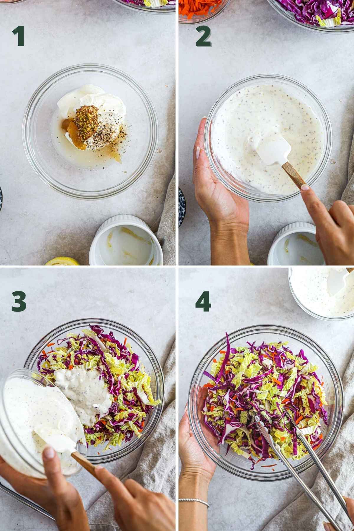 Steps to make healthy Greek yogurt coleslaw, including making the honey yogurt sauce, pouring the sauce on the shredded cabbage, and mixing.