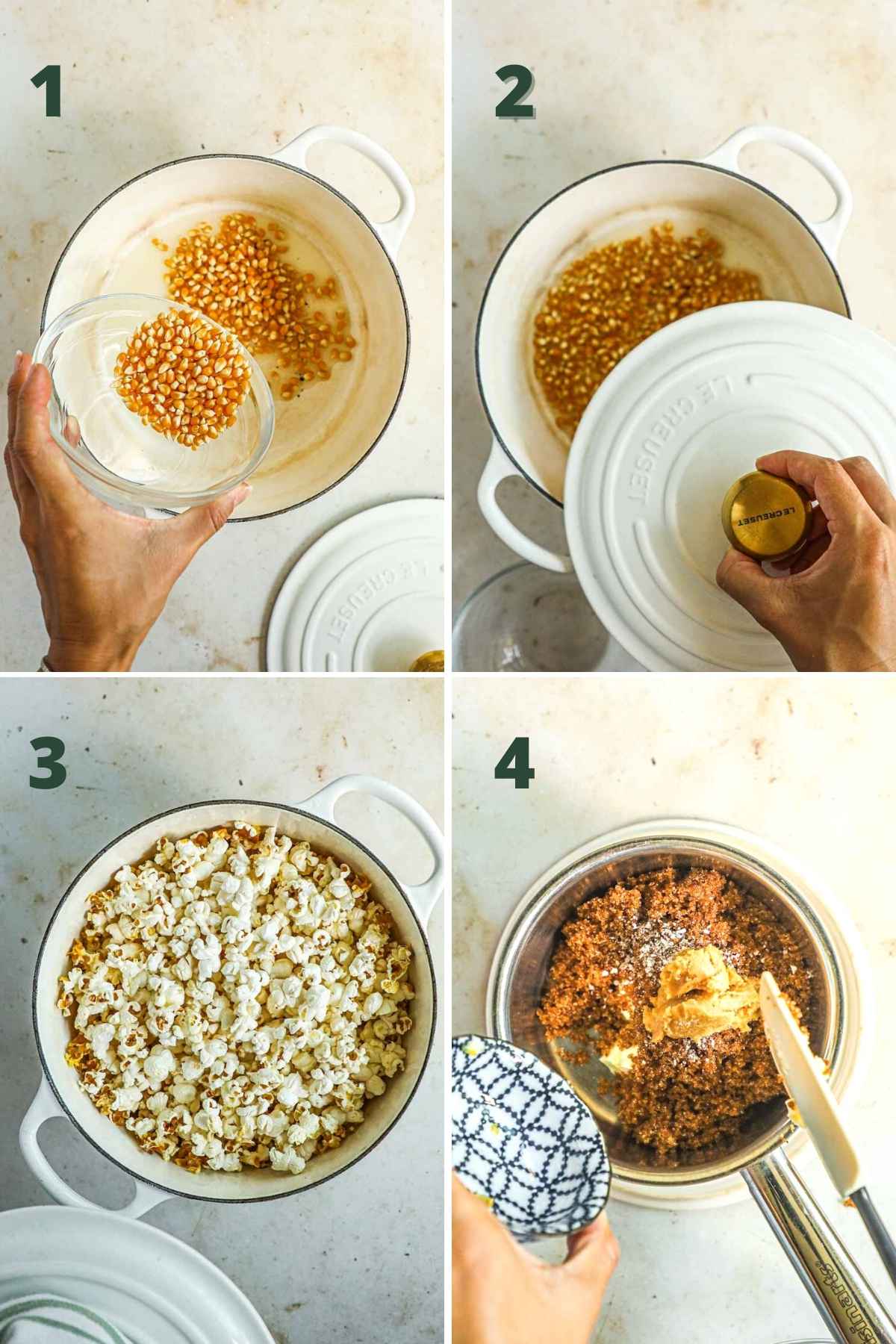 Steps to make miso caramel corn, including cooking the popcorn kernels in a pot and making the caramel coating.