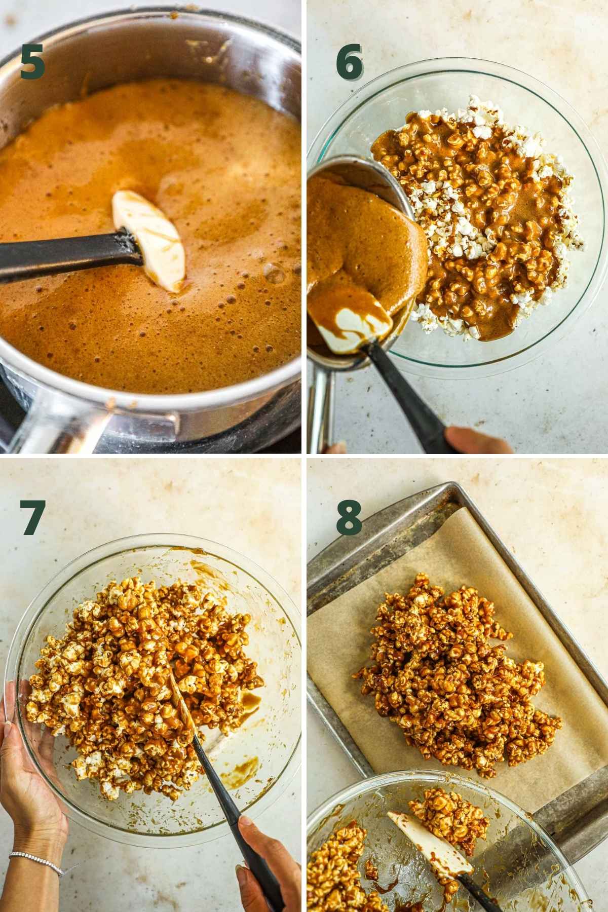 Steps to make miso caramel popcorn, including making the caramel sauce, pouring it over the popcorn kernels, mixing the popcorn and sauce, and spreading the popcorn on a baking sheet.