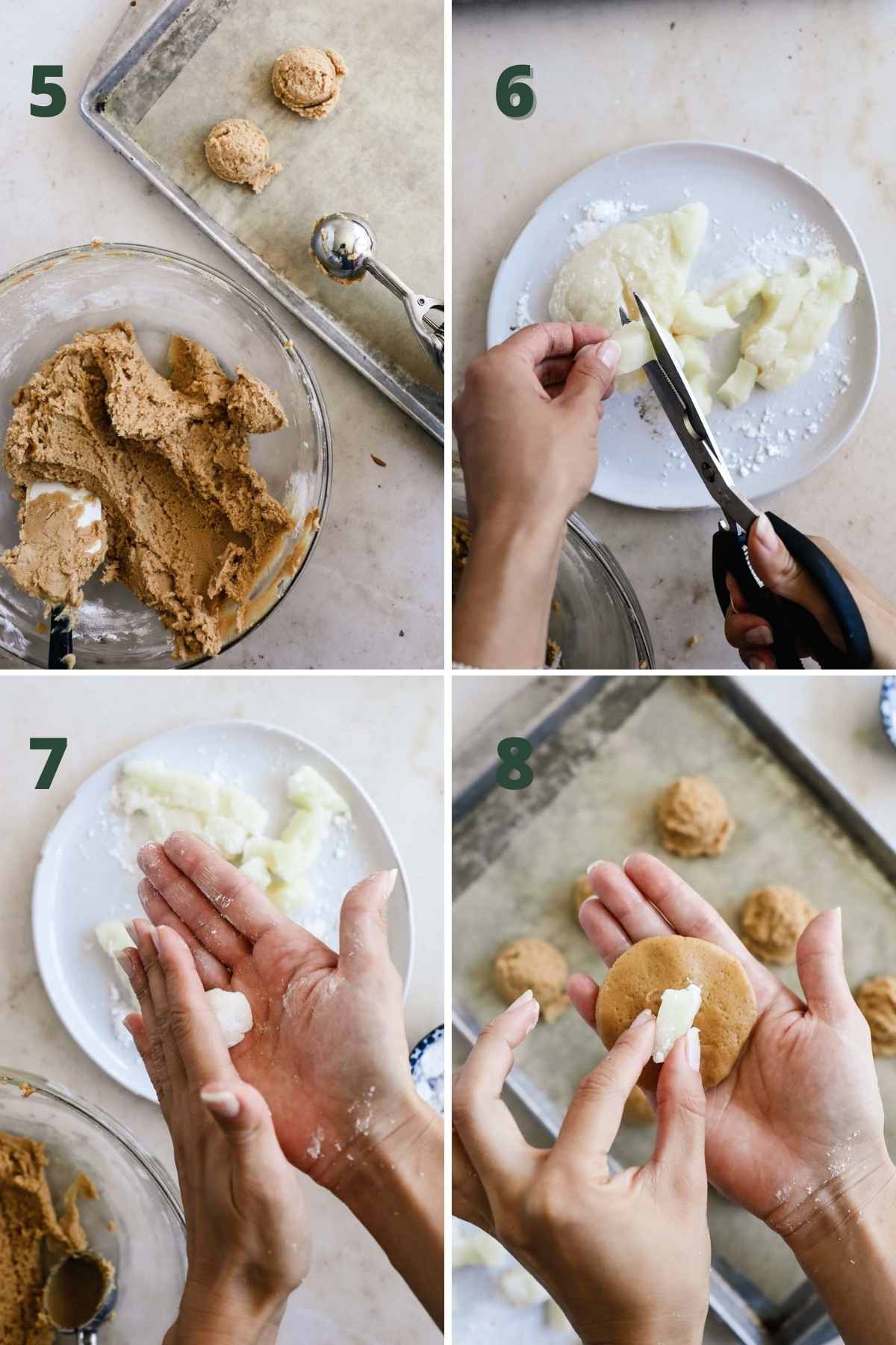 Steps to make mochi peanut butter cookies with miso, including making the dough balls, rolling the mochi, and stuffing the cookie dough with the mochi.