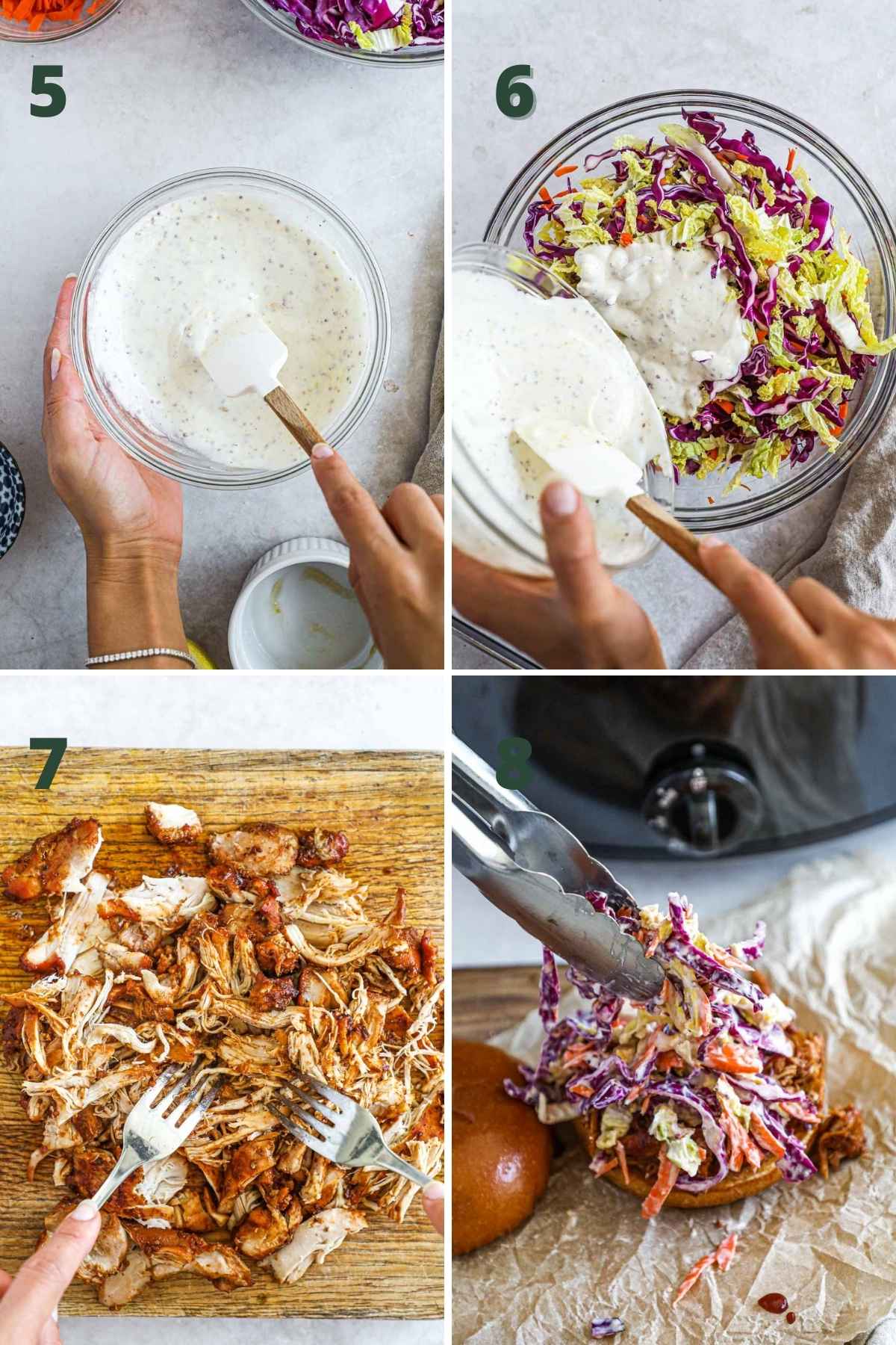 Steps to make homemade coleslaw, pulled bbq chicken thighs, and assemble the chicken sandwich, burger, or sliders.