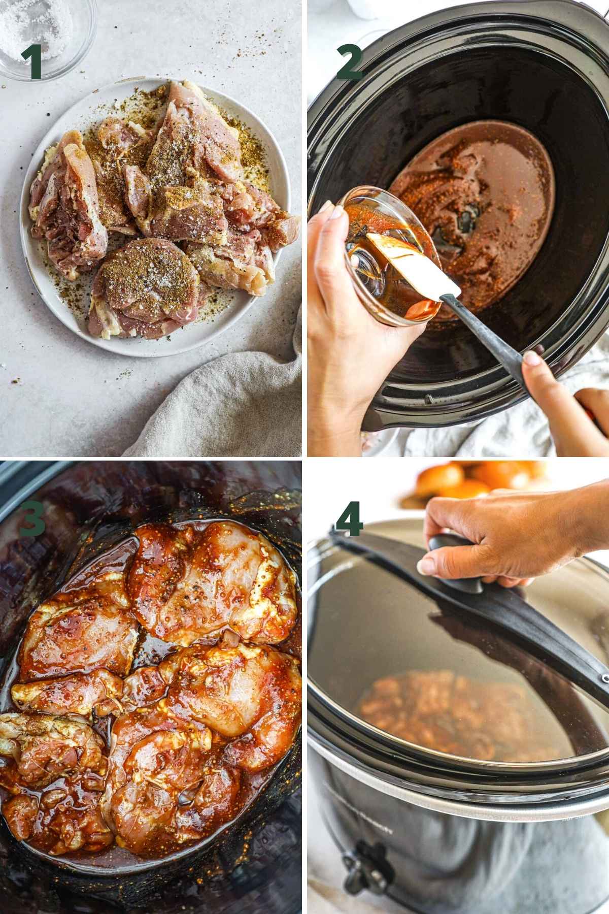 Steps to make pulled bbq chicken thighs in a slow cooker.