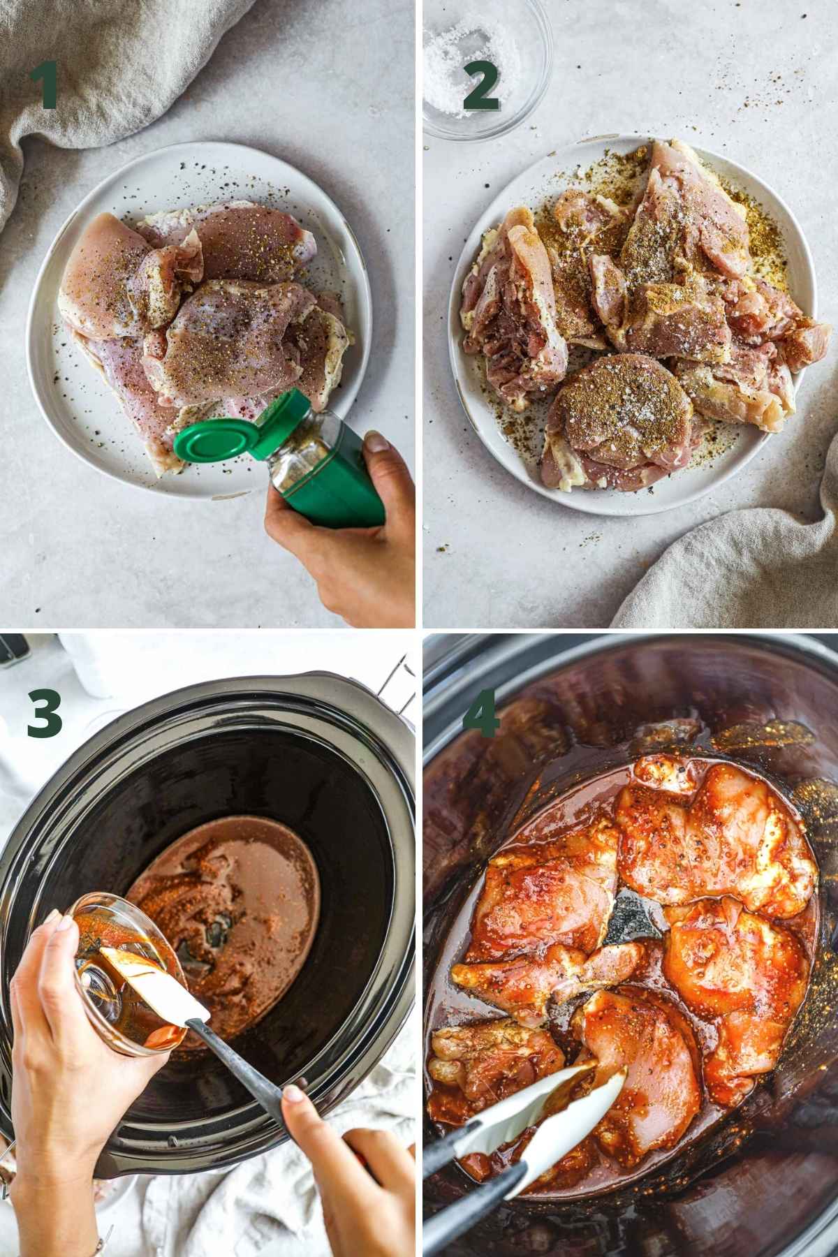 Steps to make slow cooker pulled BBQ chicken thighs, including seasoning the chicken thighs, mixing the BBQ sauce in the slow cooker, and tossing the chicken thighs in the BBQ sauce and apple cider vinegar.