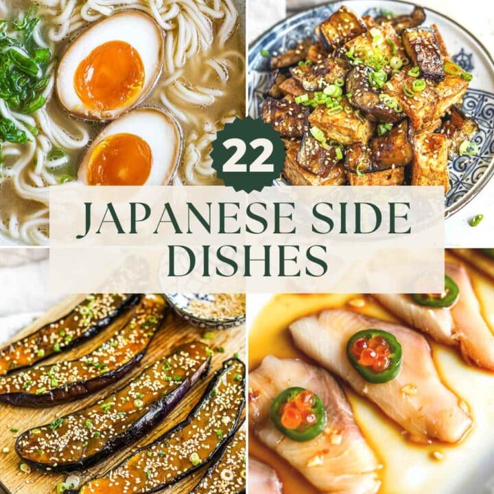 22 Japanese side dishes, including miso eggplant, ajitama ramen egg, teriyaki tofu eggplant, and hamachi crudo.