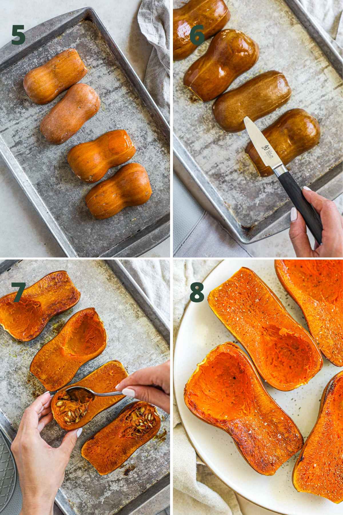 Steps to make roasted squash, including turning the squash over flesh side down, roasting in the oven, removing the seeds, and seasoning with salt and pepper.