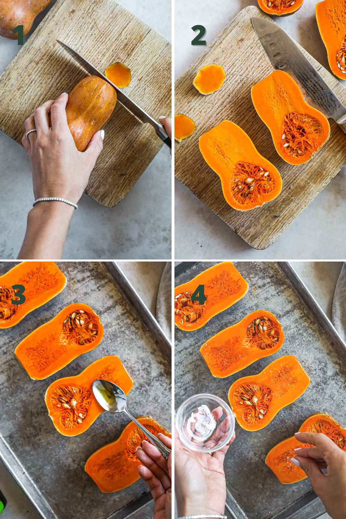 Steps to make roasted squash, including cutting the squash in half, drizzling with oil, and seasoning with salt.