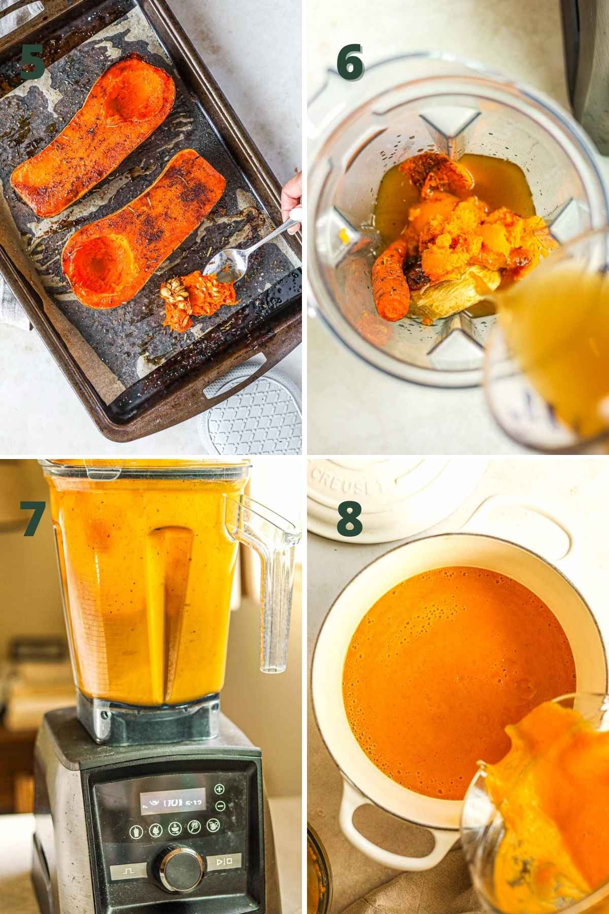 Steps to make butternut squash soup in a blender, including removing the seeds from the butternut squash, adding the vegetables and broth to a Vitamix, blending the ingredients, and pouring the soup into a pot to warm on the stove.
