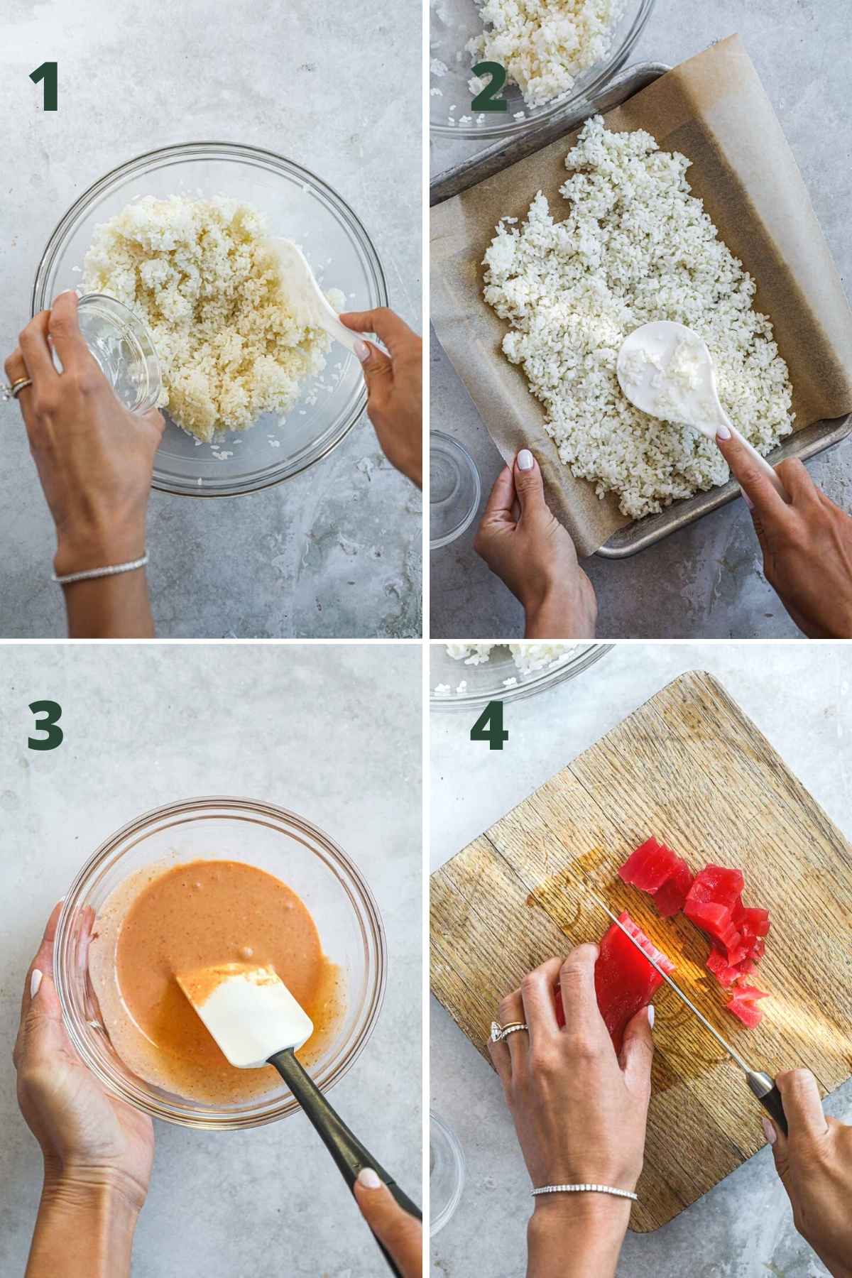Steps to make spicy tuna with crispy rice, including making the sushi rice and spreading it in a pan, making the spicy kewpie mayo, and mincing the tuna.