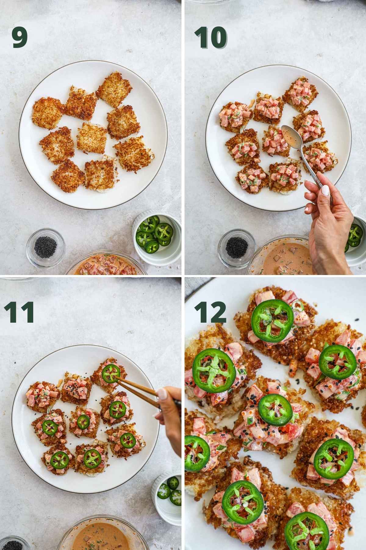 Steps to make spicy tuna with crispy rice, including placing the crispy rice on a platter, topping with spicy tuna, and topping with jalapeños.