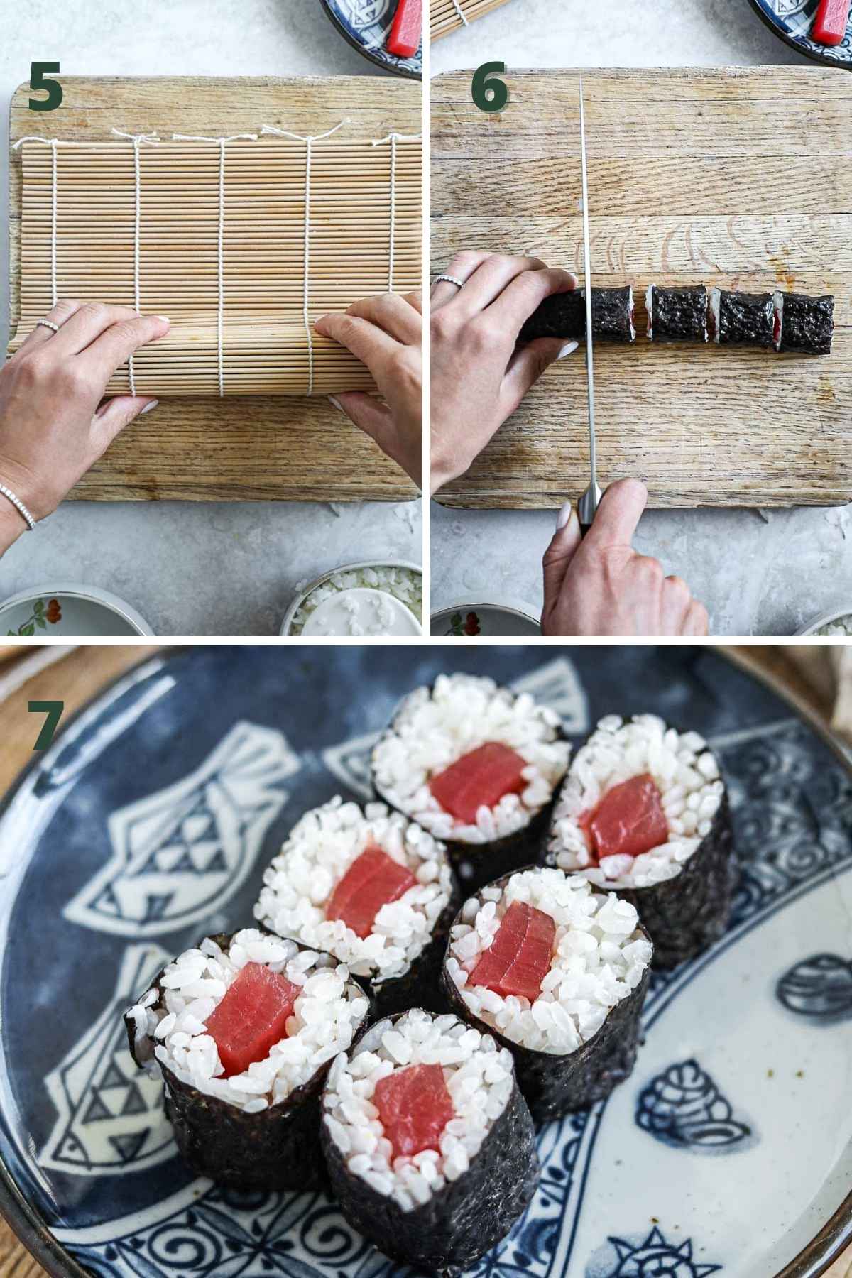 Steps to make tekka maki, including shaping the sushi roll, slicing the roll, and serving.