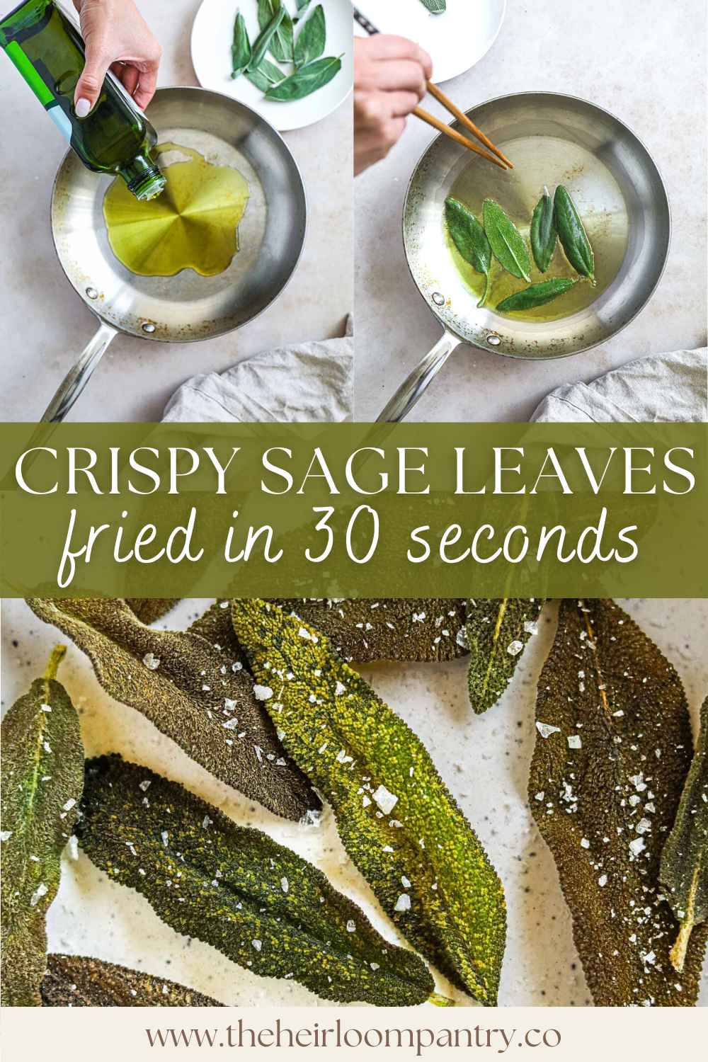 Crispy sage leaves Pinterest pin, including the steps to make it.