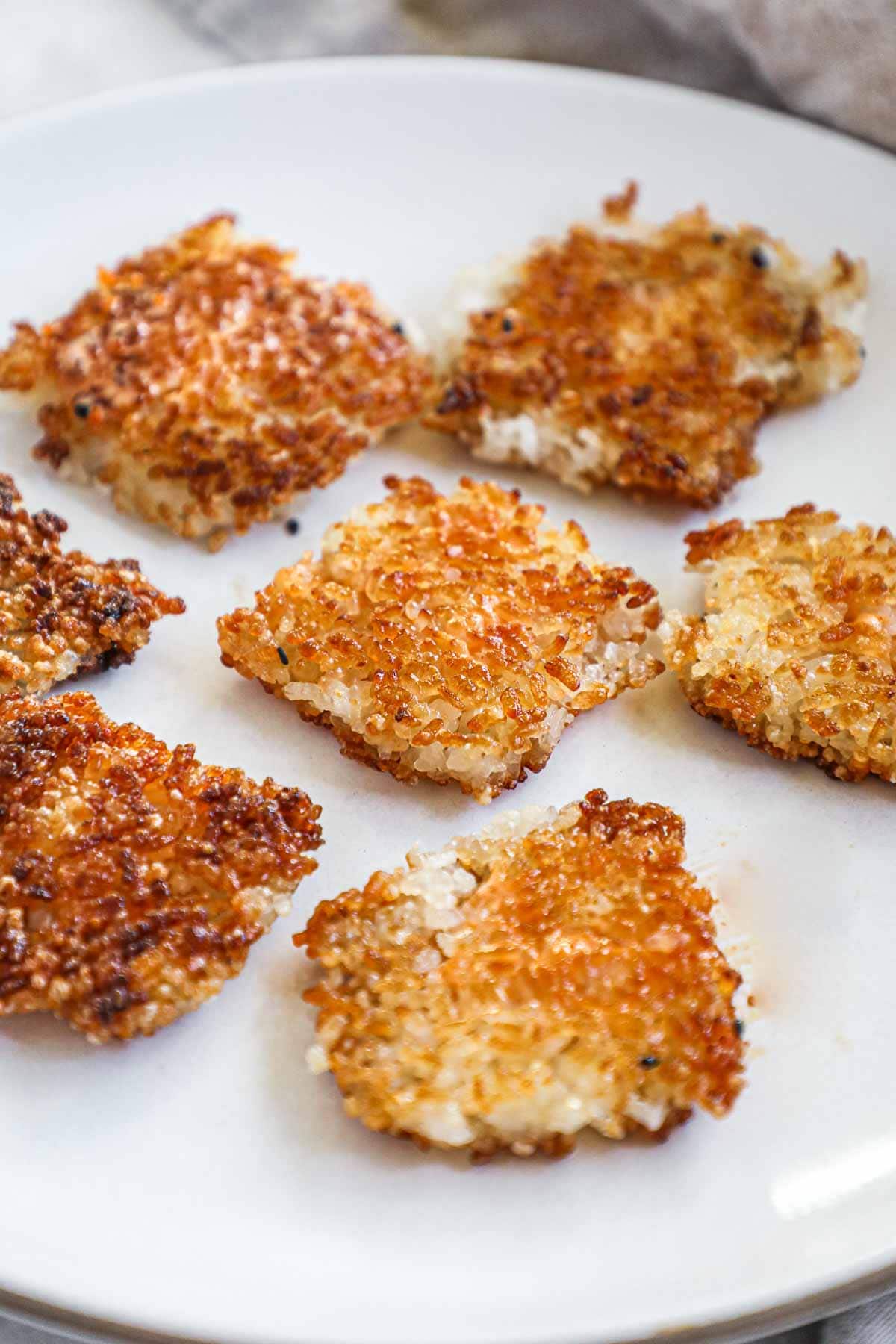 Crispy Japanese rice squares for appetizers, like poke, salad, and more.