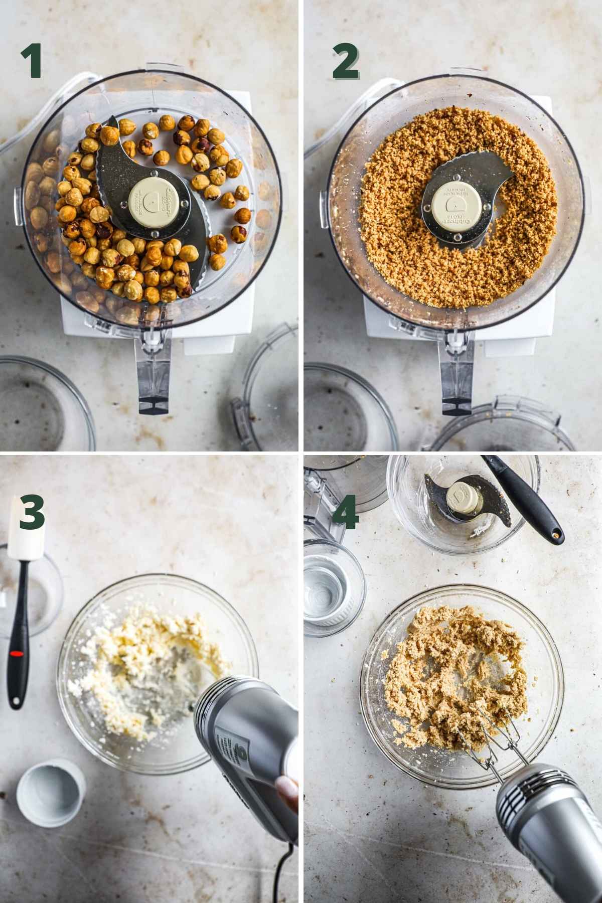 Steps to make baci di dama, including grinding the hazelnuts, whipping the butter and sugar, and adding the flour and hazelnuts.