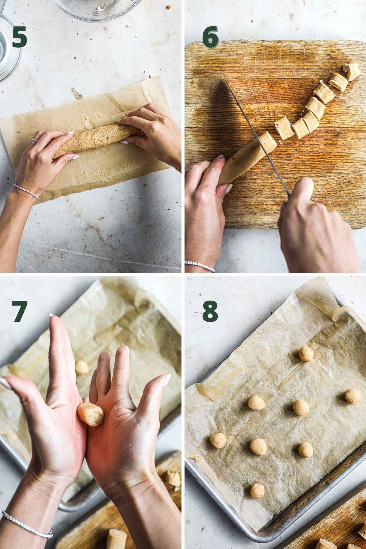 Steps to make baci di dama, including rolling out the dough, freezing the dough, cutting it into small pieces, rolling the dough into balls, and placing them on a baking sheet.