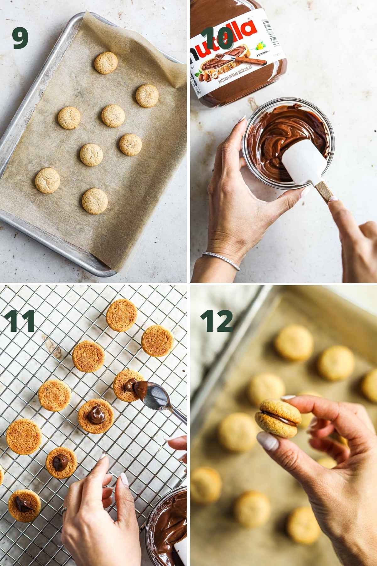 Steps to make baci di dama, including baking the cookies, melting the dark chocolate chips with Nutella, spooning Nutella onto the cookies, and forming the cookies into sandwiches.