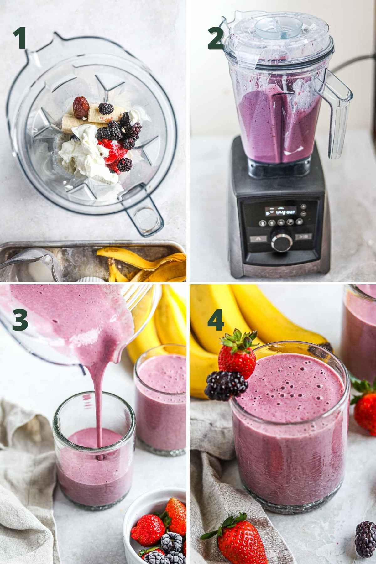 Steps to make blackberry strawberry banana smoothie, including adding the ingredients to a blender, blending on high, serving in glasses, and garnishing with berries.