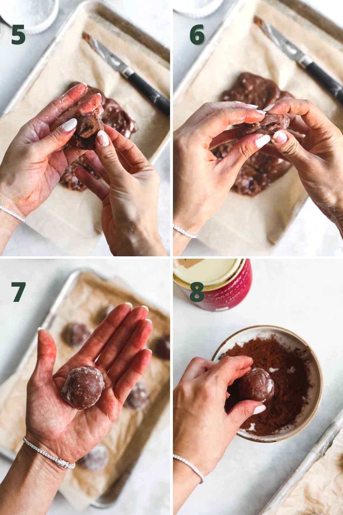 Steps to make chocolate truffle mochi, including stretching out the mochi, adding a chocolate truffle in the center, closing the mochi, and dusting it with cocoa powder.