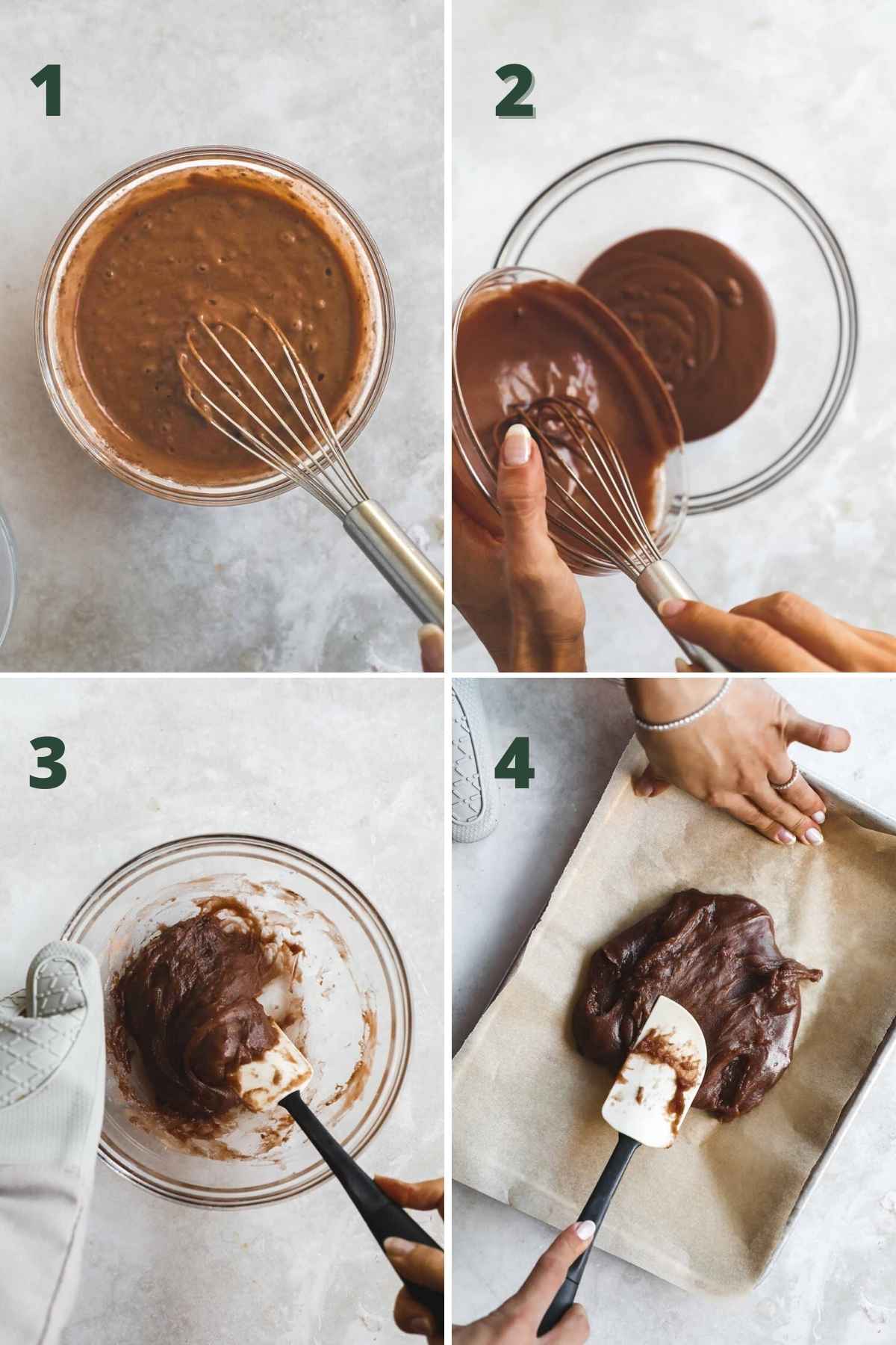Steps to make chocolate truffled-stuffed mochi, including mixing the mochiko flour, sugar and cocoa powder; adding water; microwaving the mochi; and spreading the mochi onto parchment paper.