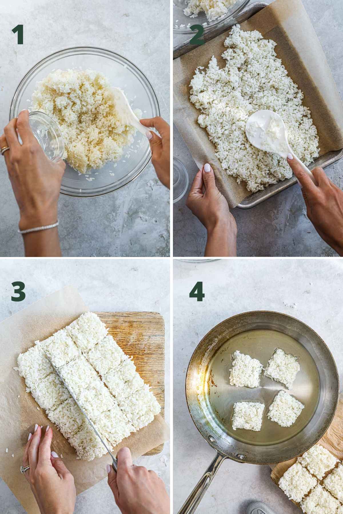 Steps to make crispy rice cakes, including seasoning and fluffing the rice, molding it on a parchment paper-lined baking sheet or dish to chill, cutting the rice into squares, and frying it in a pan.
