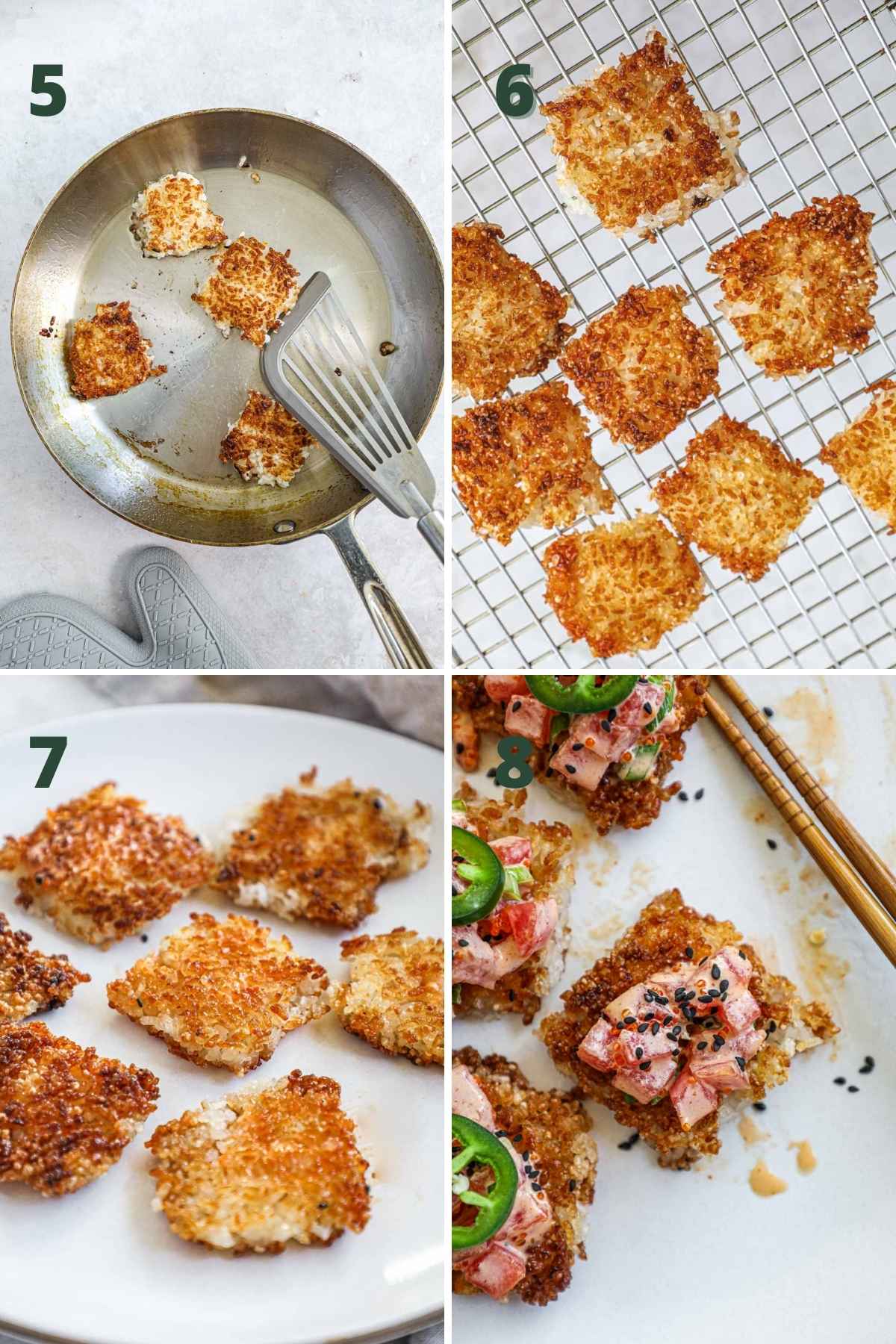 Steps to make crispy rice squares, including frying the rice squares on both sides, draining on a wire rack, plating on a serving plate, and topping with poke or salad.