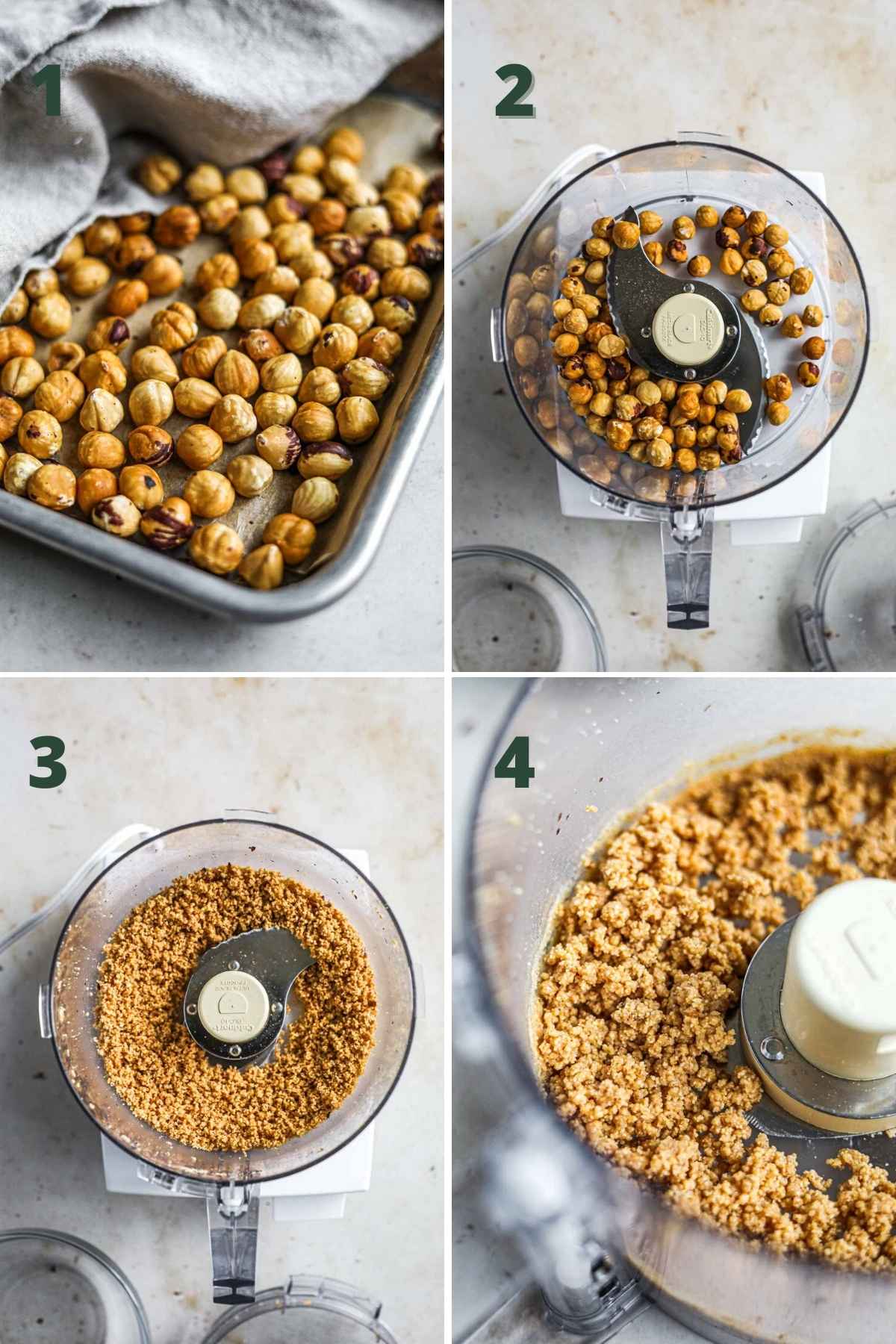 Steps to make hazelnut flour/meal, including toasting the hazelnuts, placing the nuts in the food processor, pulsing until it forms a meal, then using for baking.