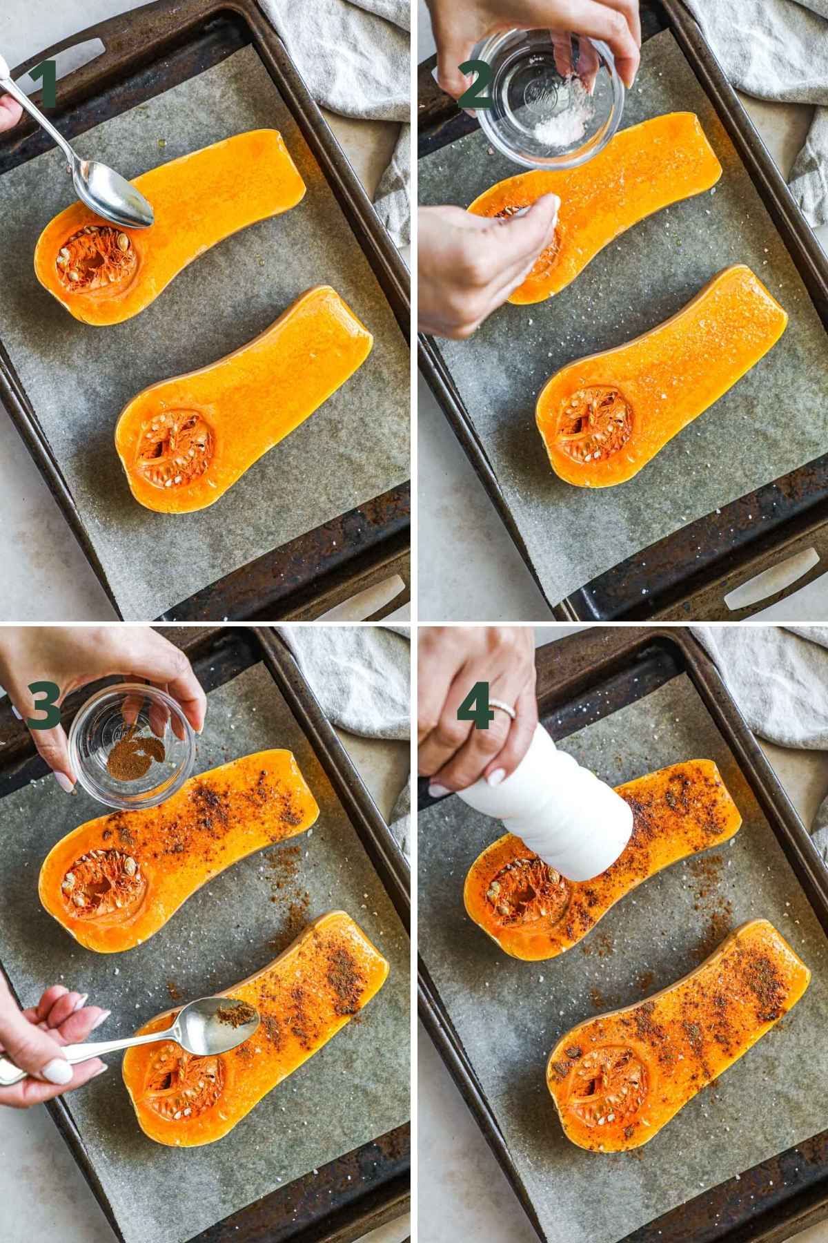 Steps to make butternut squash, including rubbing the squash with olive oil and seasoning with salt, cinnamon, and pepper.