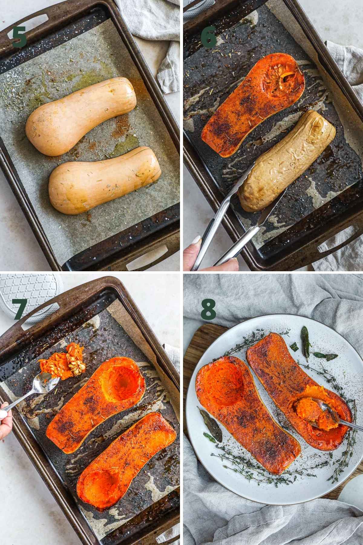 Steps to make oven roasted butternut squash, including baking the squash, removing the seeds, and serving with herbs.