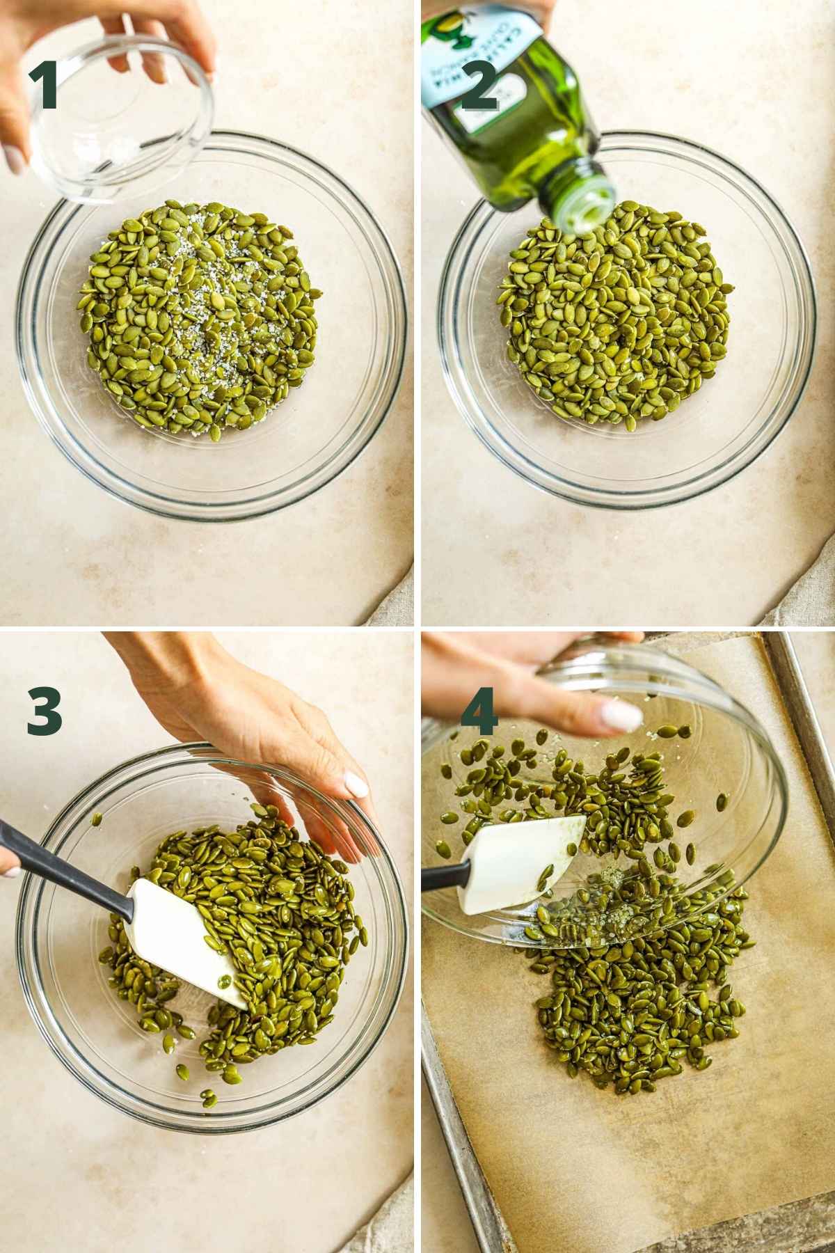 Steps to make roasted pepitas, including tossing the pepitas in olive oil and salt, then transferring the seeds to a baking sheet.