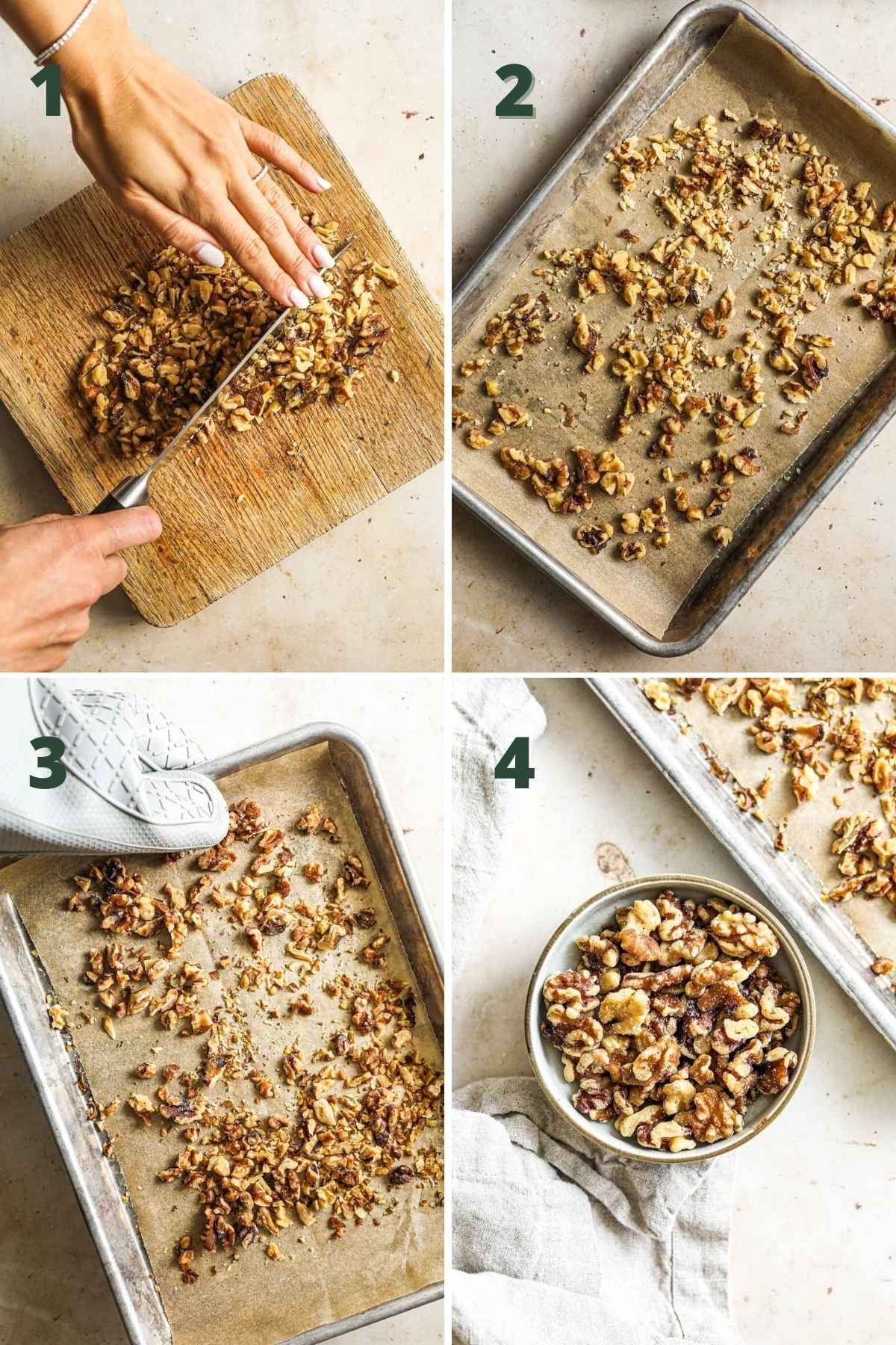 Steps to make roasted walnuts, including chopping the walnuts, placing parchment paper on a baking sheet, spreading walnuts on the baking sheet, toasting in the oven, and serving or storing.