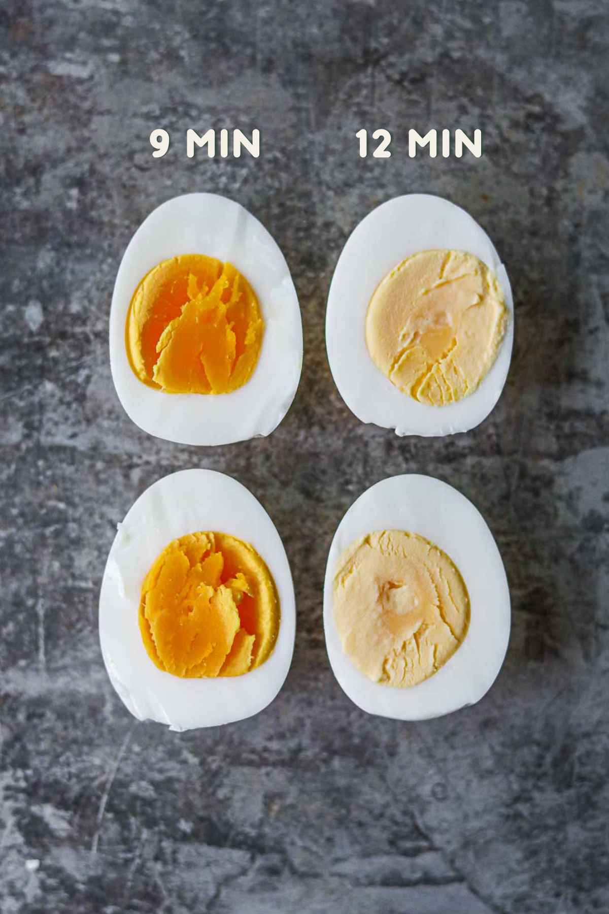9 minute verus 12 minute perfect fool-proof hard boiled eggs with different yolks.