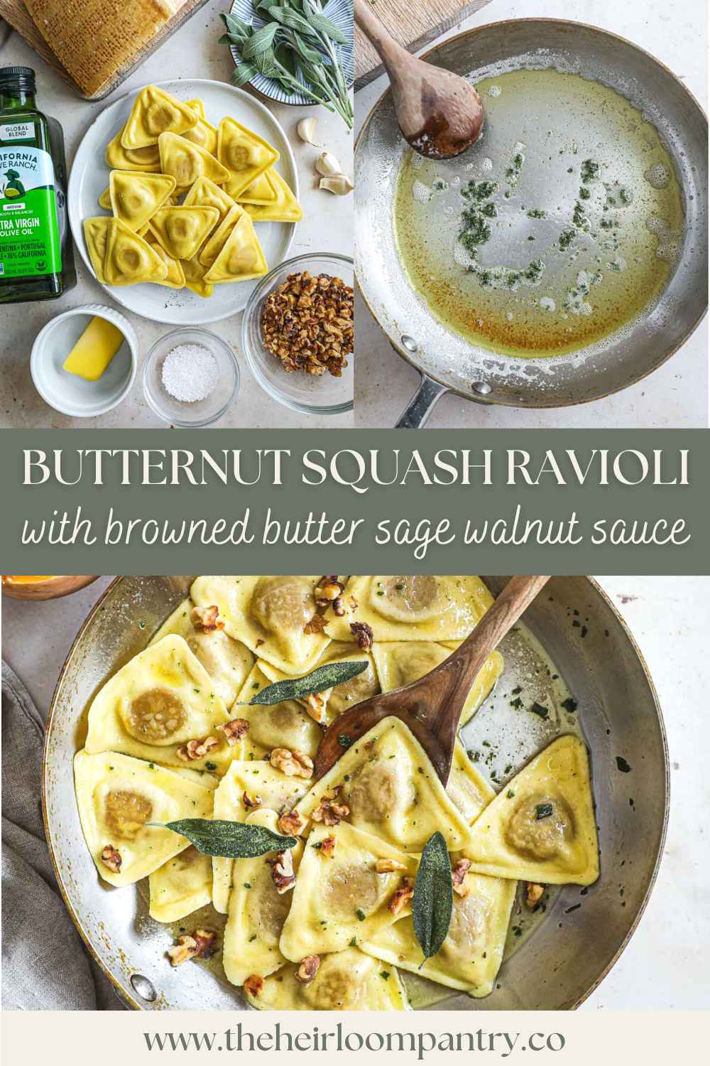 Butternut squash ravioli in a browned butter sage and walnut sauce Pinterest pin.