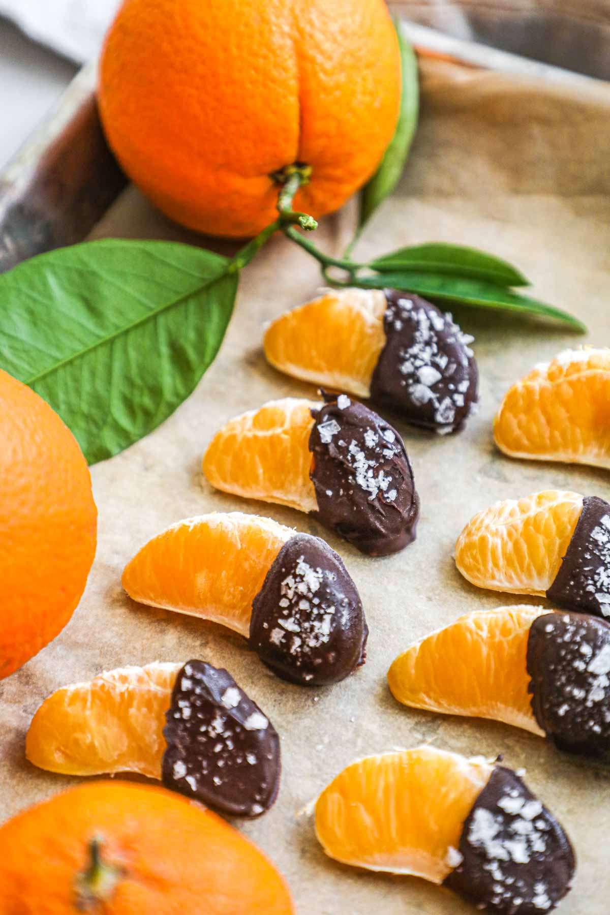 Chocolate-covered mandarin orange slices with semi-sweet chocolate and flaky sea salt.