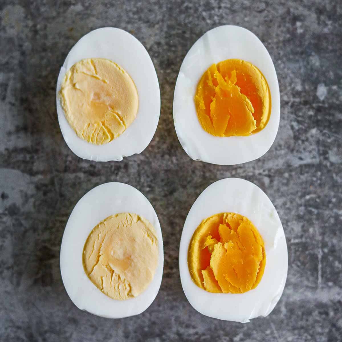 9 minute versus 12 minute perfect fool-proof hard boiled eggs with different yolks.