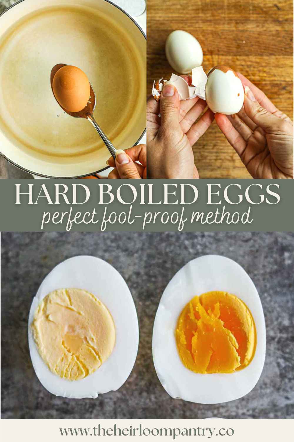 Perfect fool-proof hard boiled egg Pinterest pin that shows the steps to make hard boiled eggs.