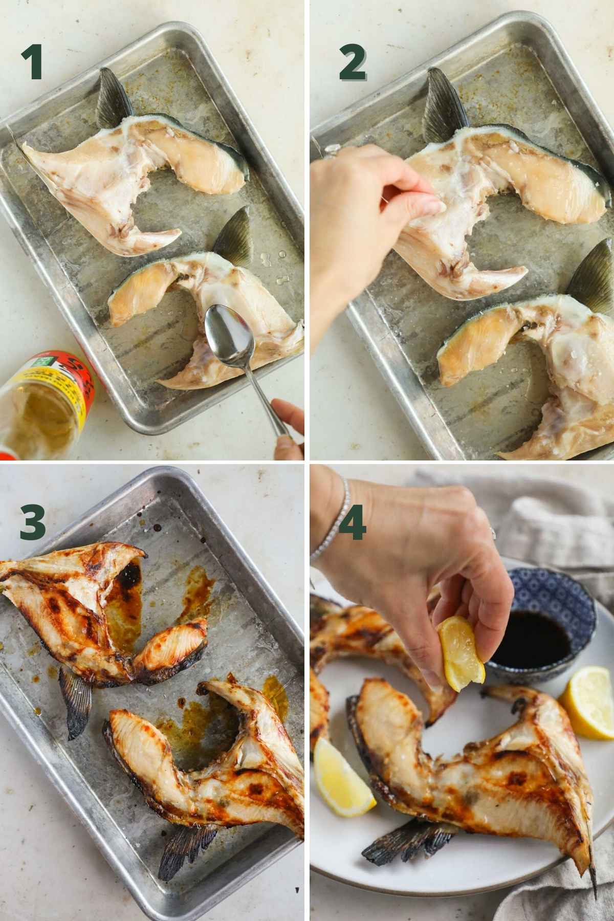 Steps to make hamachi kama, including placing the yellowtail collars on the sheet pan, rubbing with mirin, seasoning with sea salt, broiling, and serving with lemon juice, yuzu ponzu, or soy sauce.